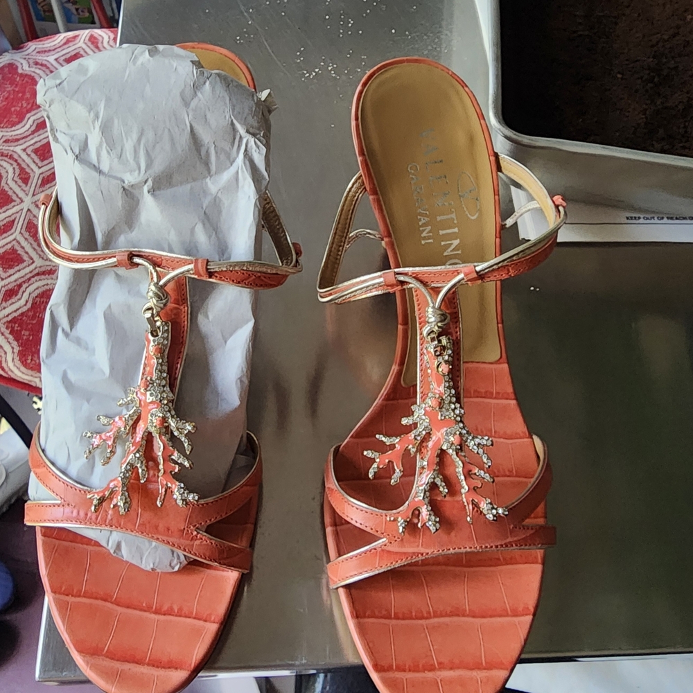 Valentino Garavani Orange Sandals with Gold Details